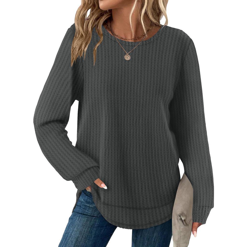 Women's Fashion Solid-Color Loose-Fit Long-Sleeve  Neck Casual Top