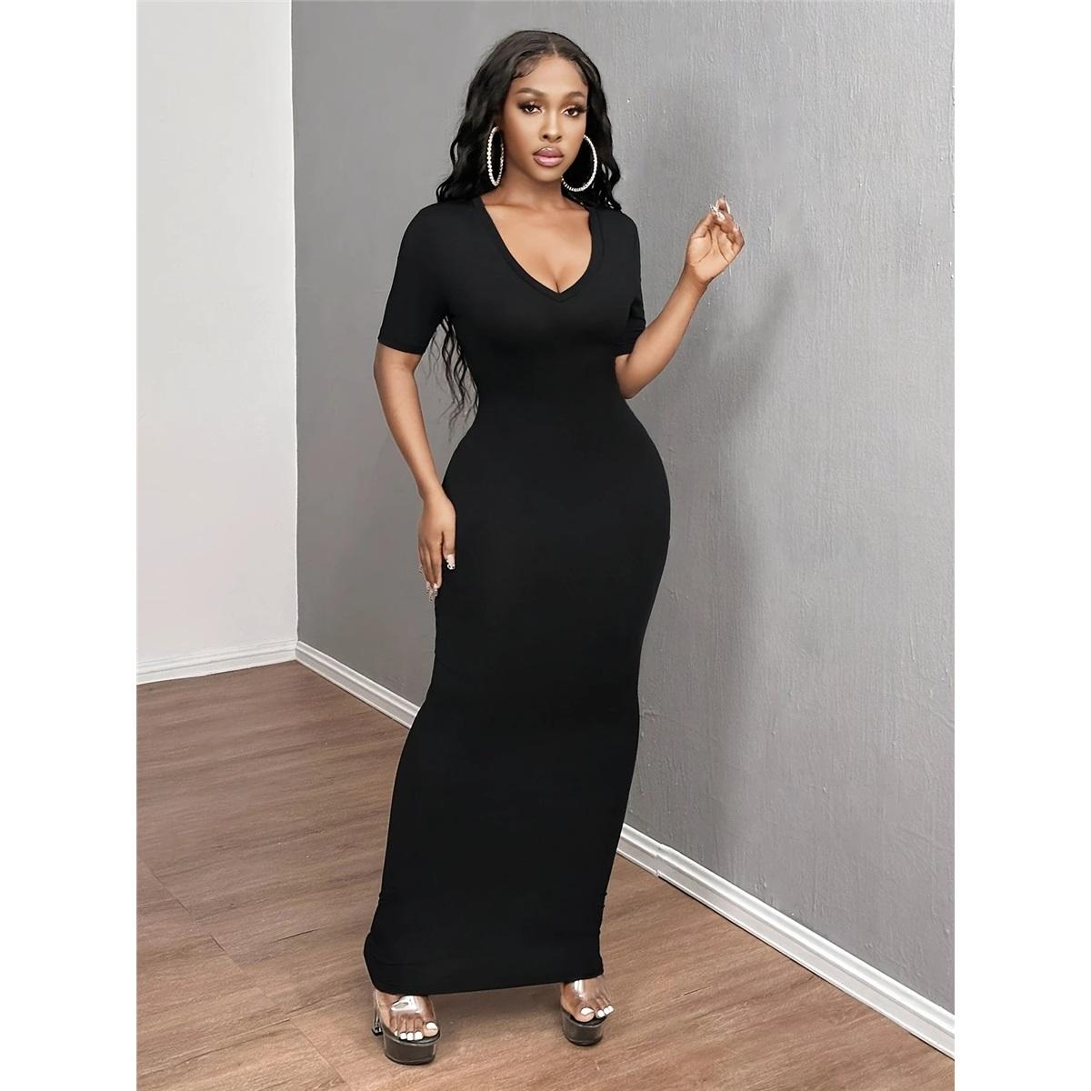 

Женское платье летнее с коротким рукавом V-образным вырезом сексуальное длинное облегающее платье XXL чёрный