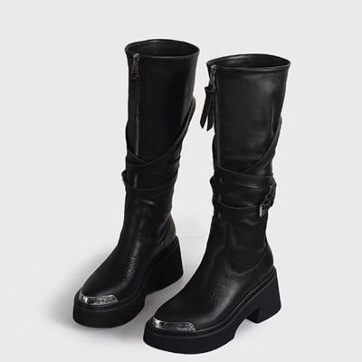 High-quality Women Biker Boots Fashion Belt Buckle Ladies Elegant Platform Long Pipe Booties Casual Women's Knee High Booties