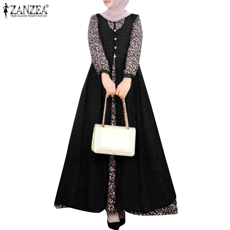 ZANZEA Women Casual Floral Print Long Sleeve Fake Two Piece Long Dress