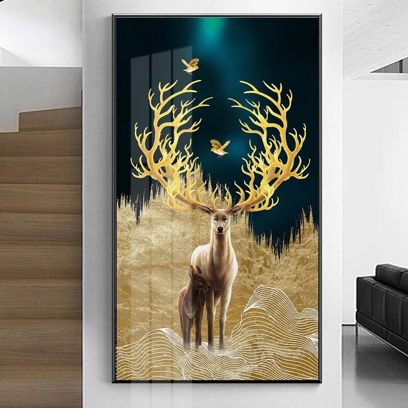 Modern Gold Deer Tree and Bird Poster Canvas Paintings Golden Night Wall Art Print Pictures for Living Room Home Decor Frameless