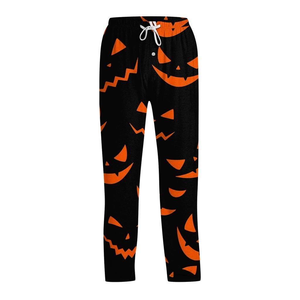 Mens Halloween Printed Drawstring Lounge Pants Casual Relaxed Fit Sleepwear Trousers with Pumpkin Pattern Design