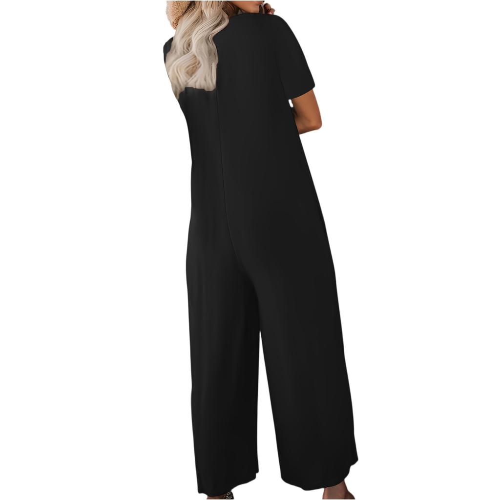 Women's Fashionable Casual Relaxed Fit Pocketed Short Sleeve Jumpsuit