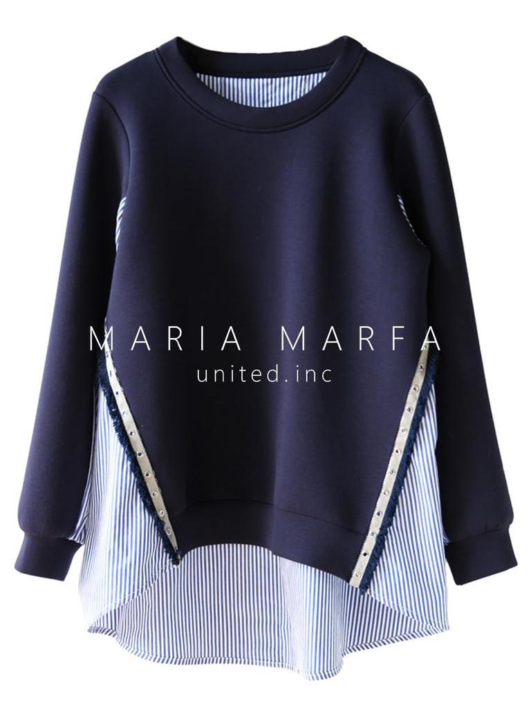 Maria Marfa Switch Sweatshirt Pullover Light No Long Navy Loose Everyday Korean Docking Mixed-Material Blouse, Striped, Spring/Summer, Stylish, Cool,