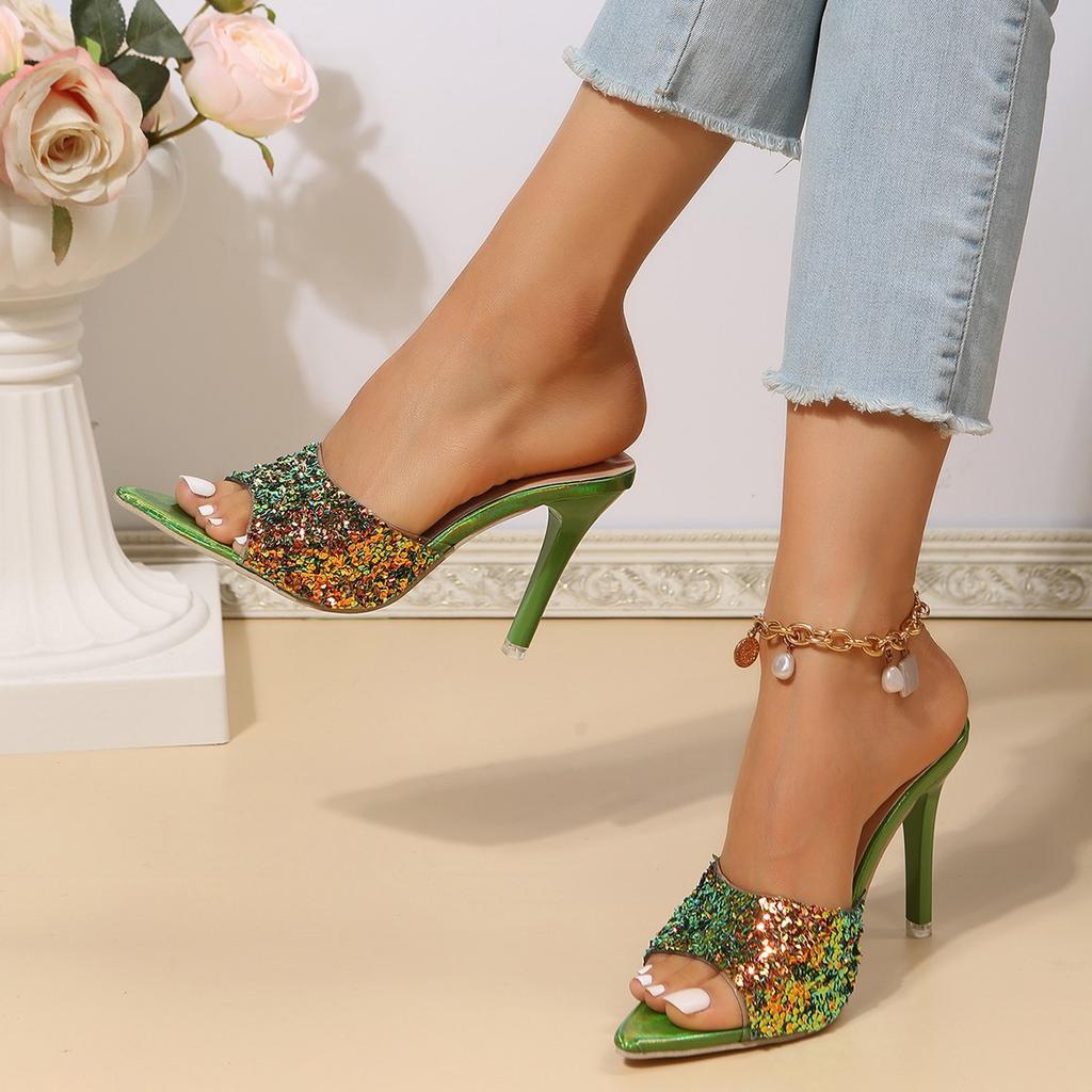 2025 summer new style sequined high-heeled cool slippers women's one-word drag open-toed stiletto fashion sandals