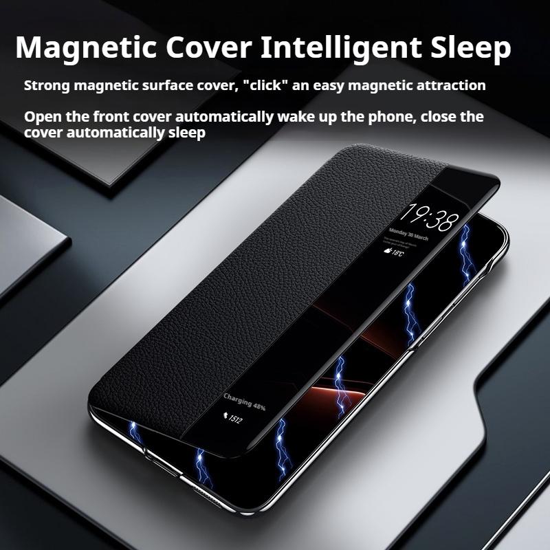 Genuine Leather Flip Cover Case For HUAWEI Mate 70 Pro RS Mate 60 Smart View Wake Sleep Call ID Display