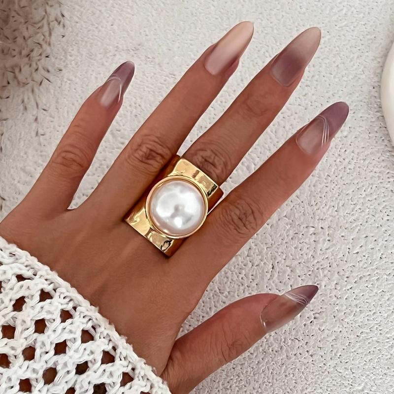 Y2K Punk Pearl Wide Open Ring for Women Men Metal Simple Geometric Exaggeration Finger Accessories Party Gift Fashion Jewelry