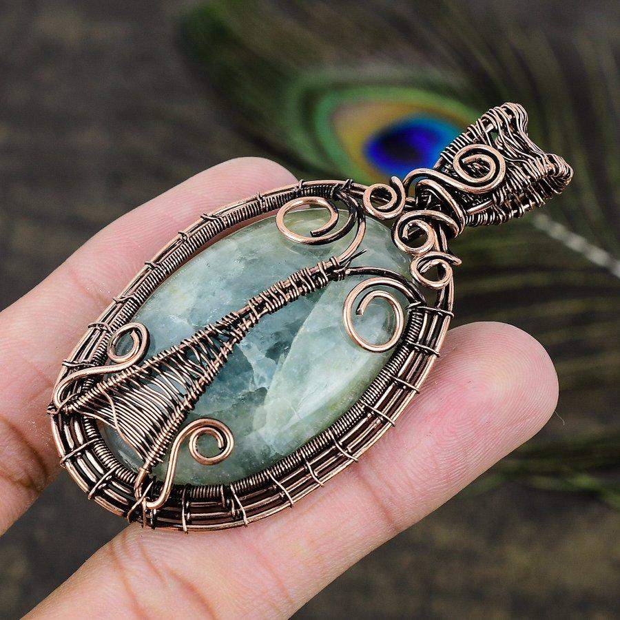 Aquamarine Gemstone Copper Wire Wrap Jewelry Pendant 2.96
