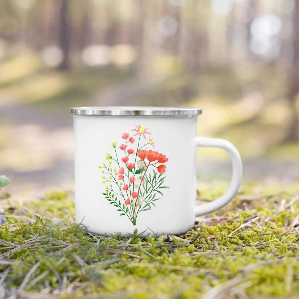 Kreative Blumenmuster Emaille Kaffeetassen Camping für Frühlingsausflug Getränke Saft Kakao Tassen Studenten Kinder Frühstück Milchbecher