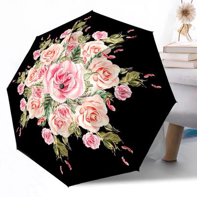 Pink Roses On Black Outdoor Automatic Umbrella Retractable Design with 8-Rib Durability Lightweight Perfect Gift for Friends Family