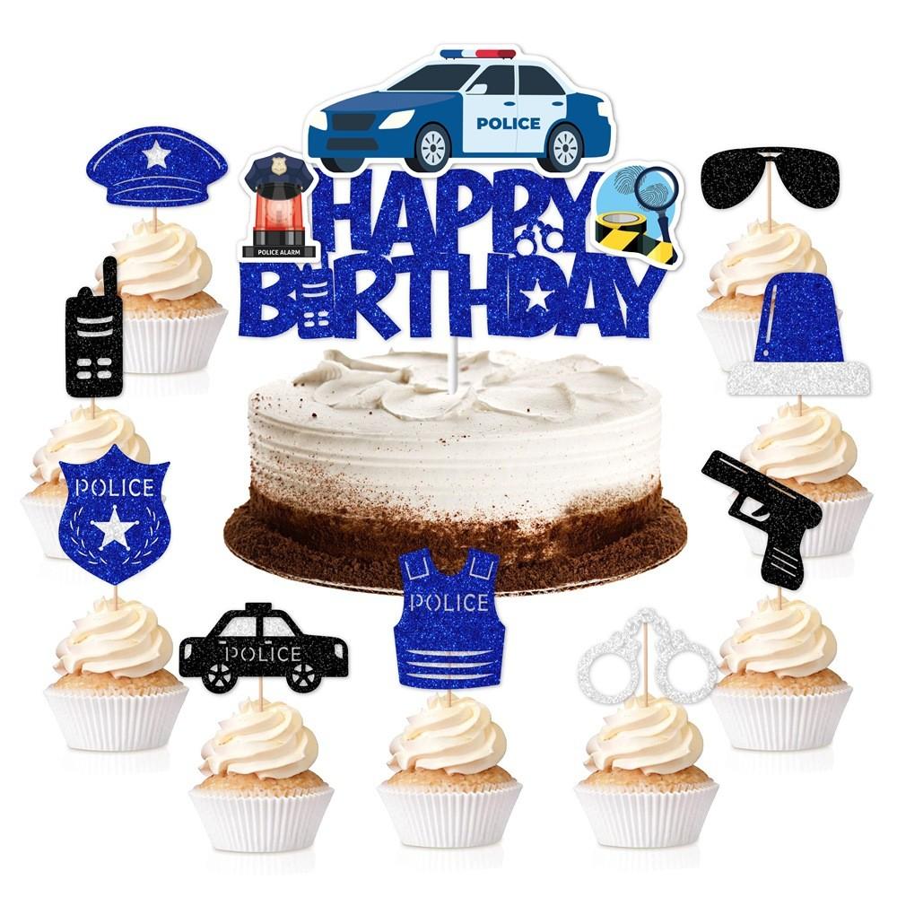 Police Children Themed Birthday Cake Paper Plugin Set Party Props Decoration
