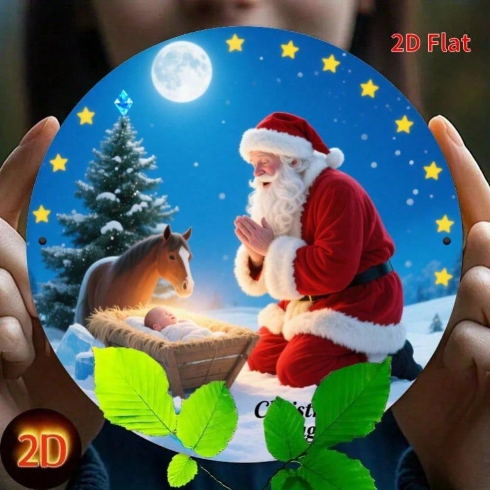 Vintage Weihnachtsmann-Blechschild, rund, aus Metall, Wanddekoration aus Aluminium, Weihnachtsdeko