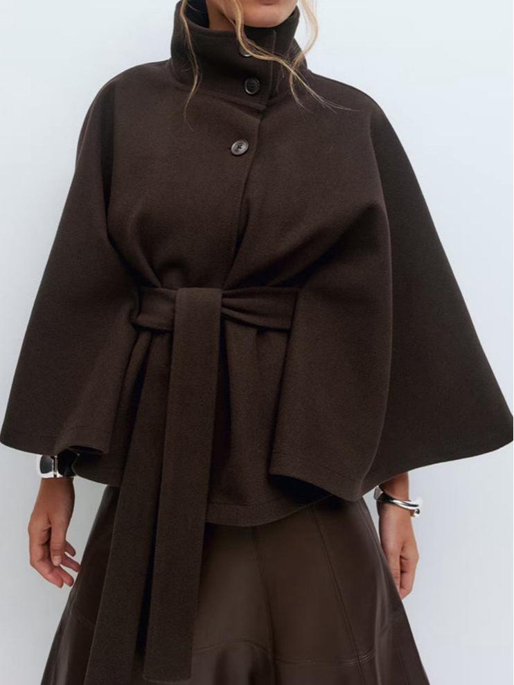 2025 Women's Solid Color Cape Trench Coat with Stand Collar and Belt for Autumn and Winter