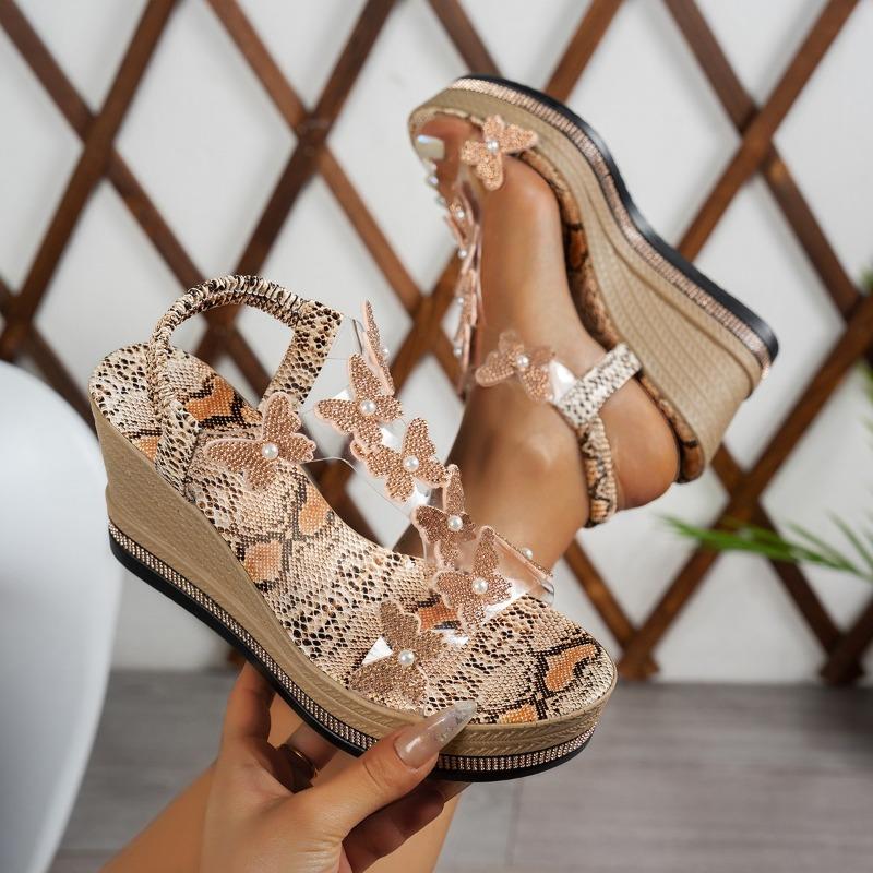 Summer new large size women's wedge heel sandals bow decorative foot cover rhinestone sole high heel sandals