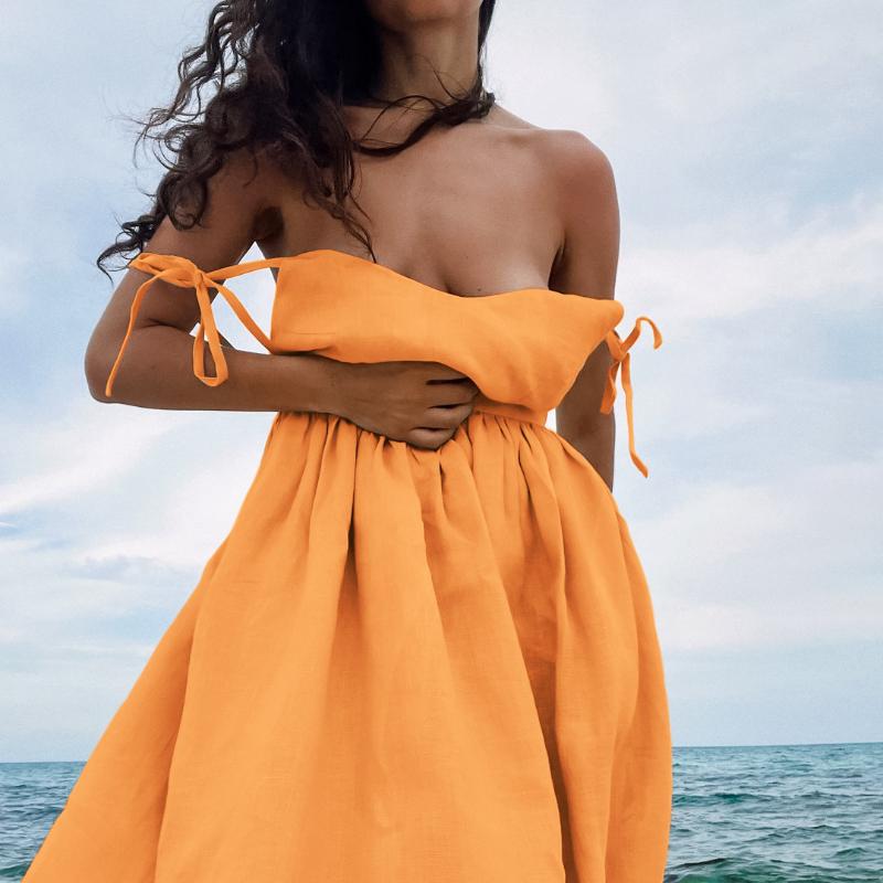 LYRIA French-style khaki cotton and linen breathable spaghetti-strap high-waisted dress, new European and American style, vacation style long dress