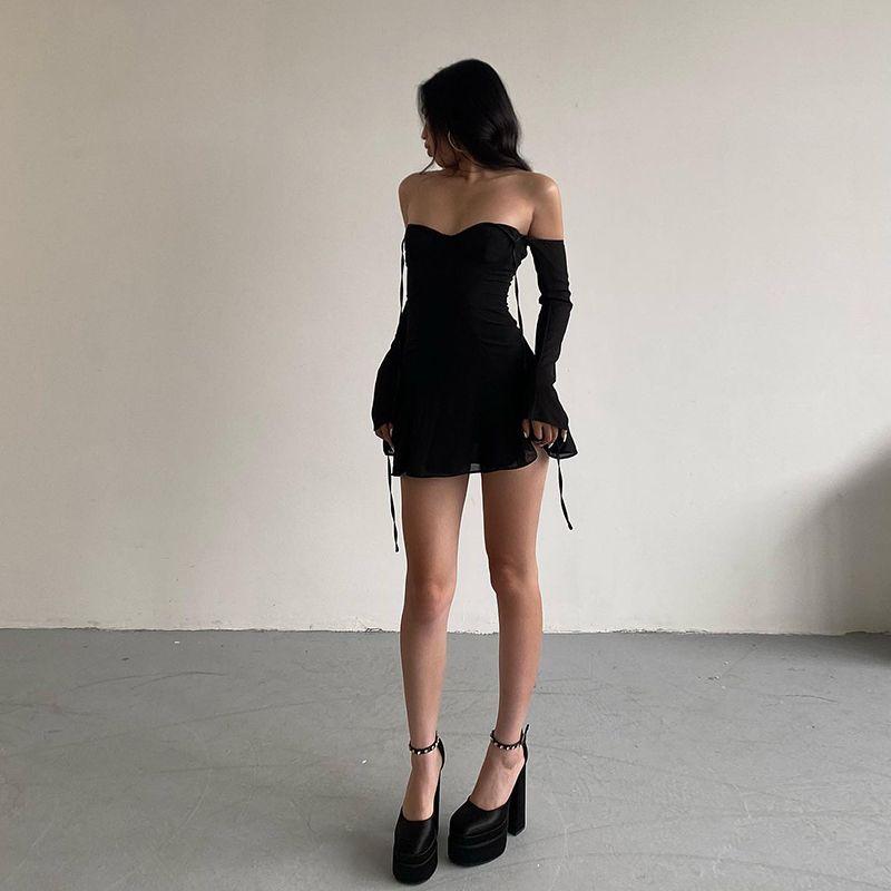 

Черное платье с длинными рукавами Весна и Лето Сексуальное Облегающее Халтер Black S