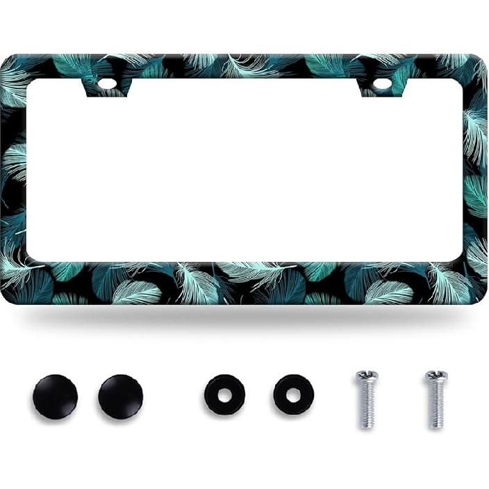 Hippie Flowers License Plate Frame Cute Floral License Plate Colorful Stainless Steel Funny Auto Parts Beautiful License Plate Decoration With Holes Tropical Feathers Print
