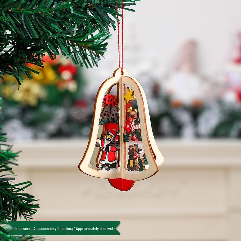 3D Wooden Christmas Tree Ornaments: Bells & Stars Scene Decoration