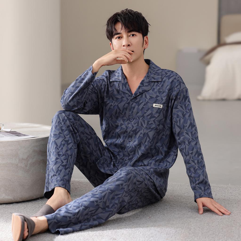 Pure Cotton Pajamas Men'S Spring And Autumn Long-Sleeved Trousers Set Autumn And Winter Thin Large-Size Cardigan Loungewear