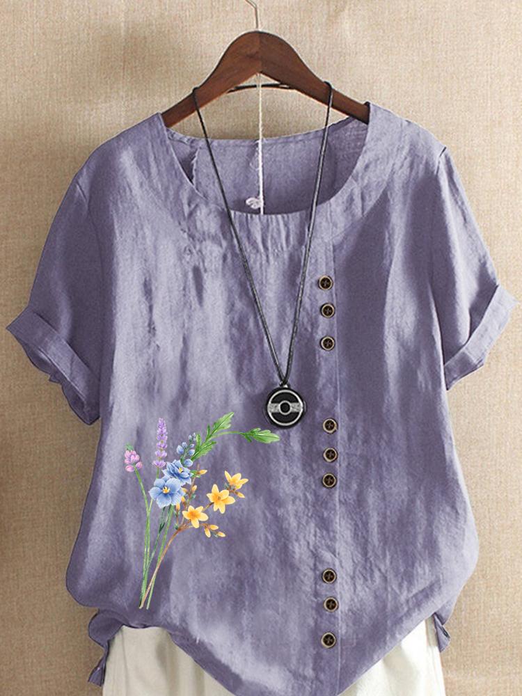 Women's Fashion Floral Print Casual Cotton Linen Short Sleeve Round Neck T-shirt Shirt Leisure Loose Summer Blouse Tops