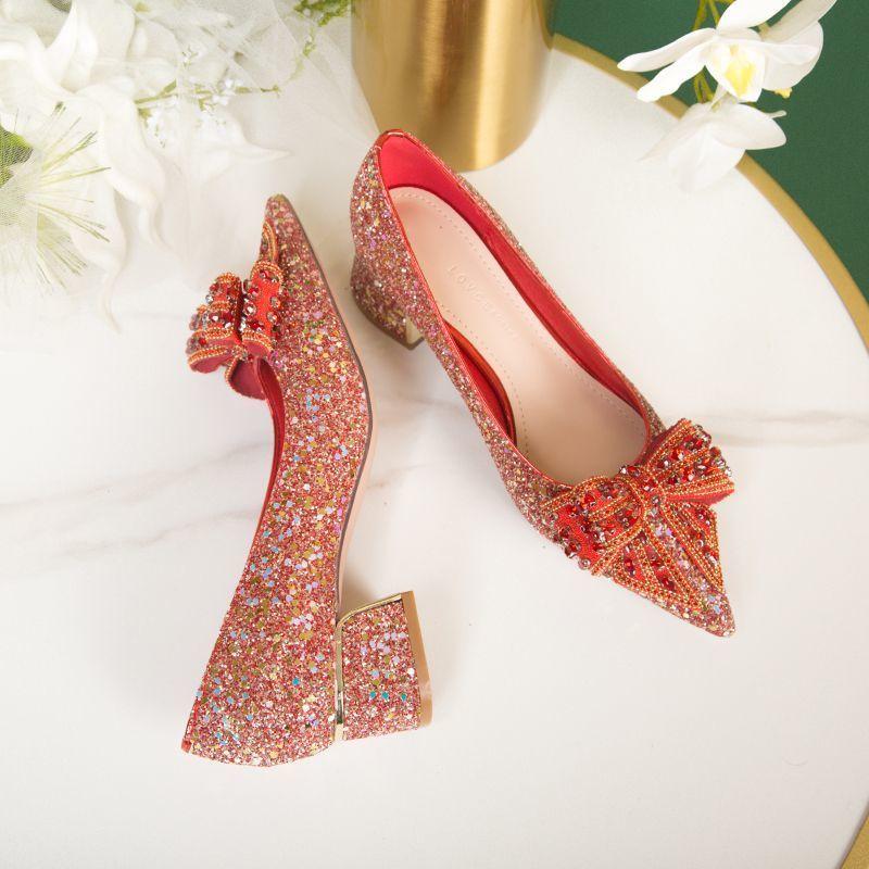 Premium wedding mid-heel shoes women's thick heel bow single shoes 2025 new wedding shoes bride shoes two wear not tired feet