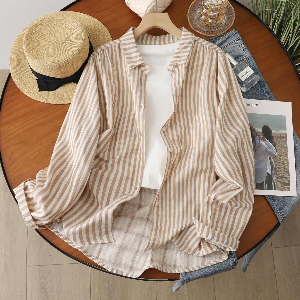 Women's Long Sleeve Double-layer Cotton Stripe Shirt - Soft, Skin-friendly, Breathable, High Quality Loose Fit