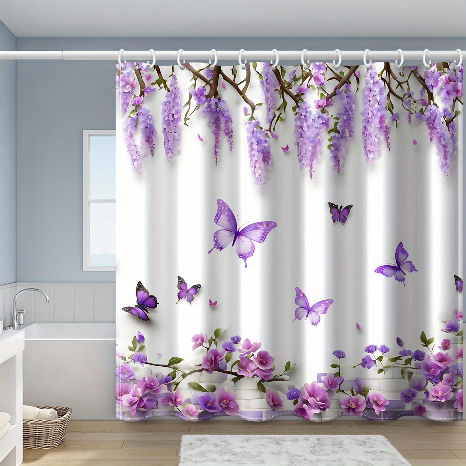 1pc Purple Flower Butterfly Printed Shower Curtain, Windows and Walls Bathtub Bathroom Home Decor Shower Curtain 90X180CM