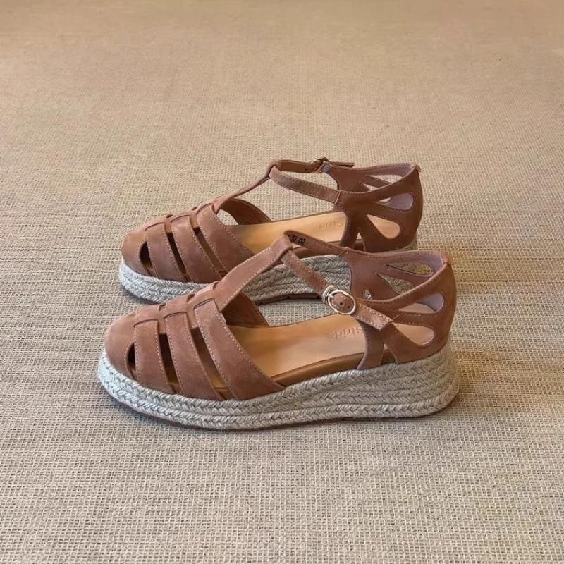 

Platform sandals women s summer outer wear new models with skirts, beautifully woven hollow weave wedge heel bag head shoes 35 темно-коричневого
