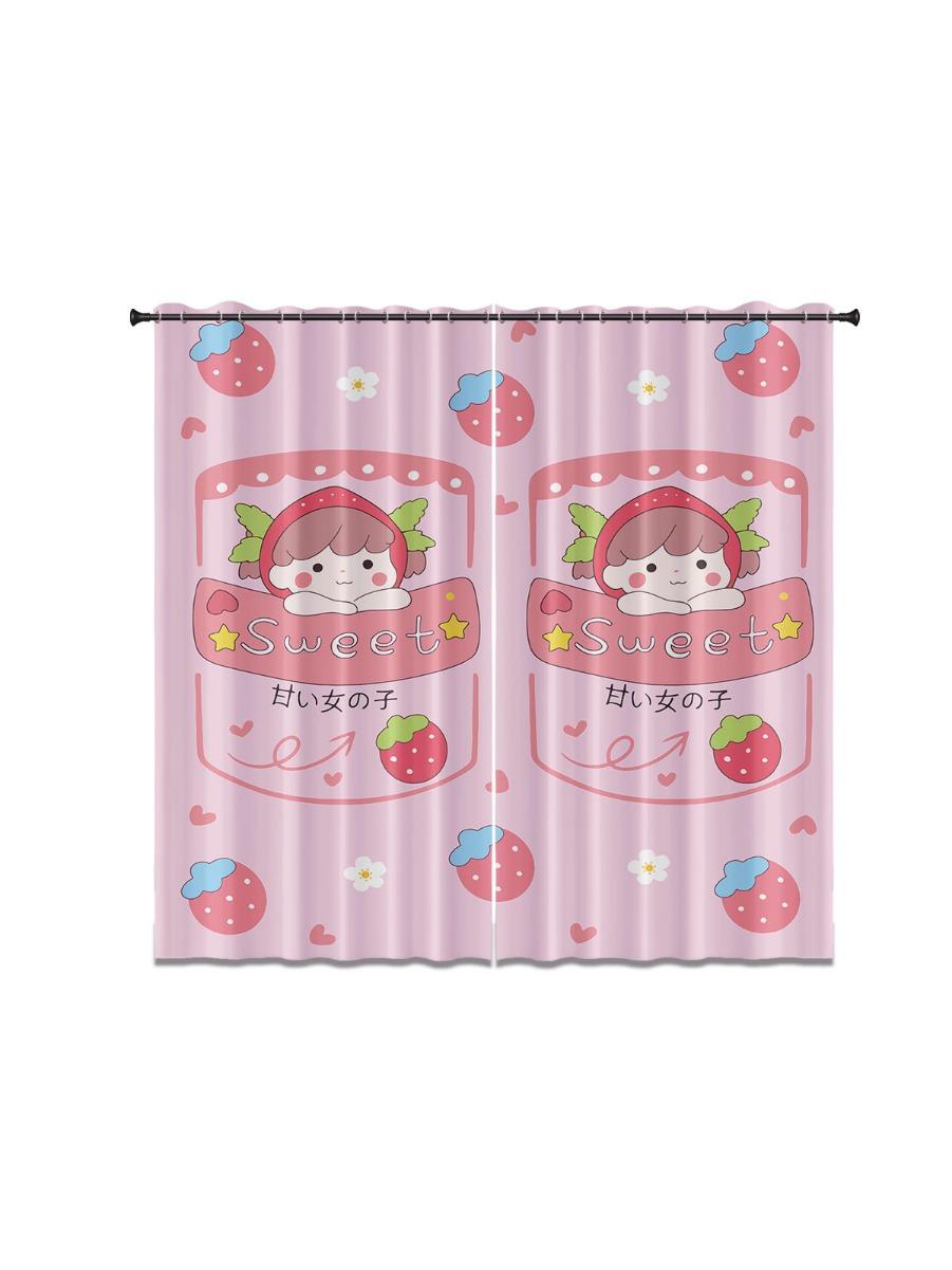 

Cute Strawberry Girl Print Curtains Multiple Sizes Living Room Insulation Decoration Easy Install Light Blocking Polyester Machine Washable Area Decor W100*H70(CM)-Hooks&2PCS
