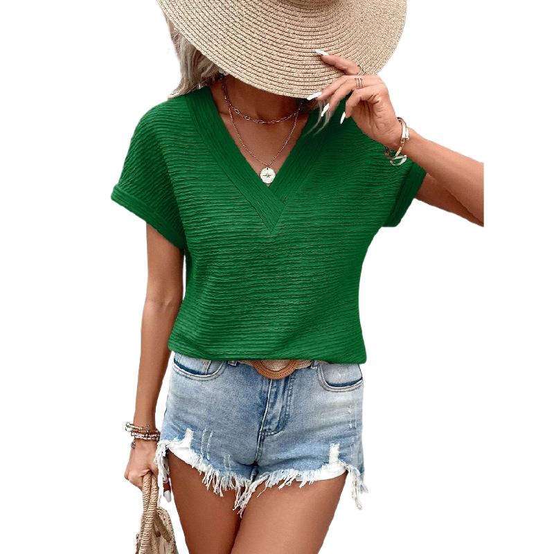Womens Tops Summer Textured Short Sleeve V Neck T Shirts Loose Fit Fashion 2024