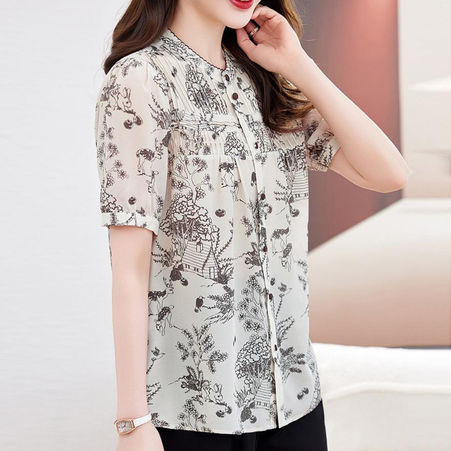 Temperament Printed Silk Shirt Women's New Summer Thin Mulberry Silk Short-sleeved Top
