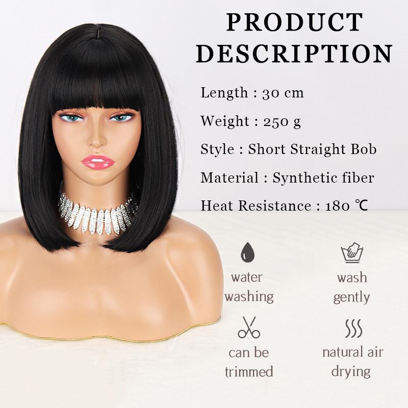 MISS WIG Ženy Krátká rovná Bobová paruka s ofinou Syntetické vlákno Přírodní Rovná Bobová Cosplay Paruka na denní nošení Paruka po ramena