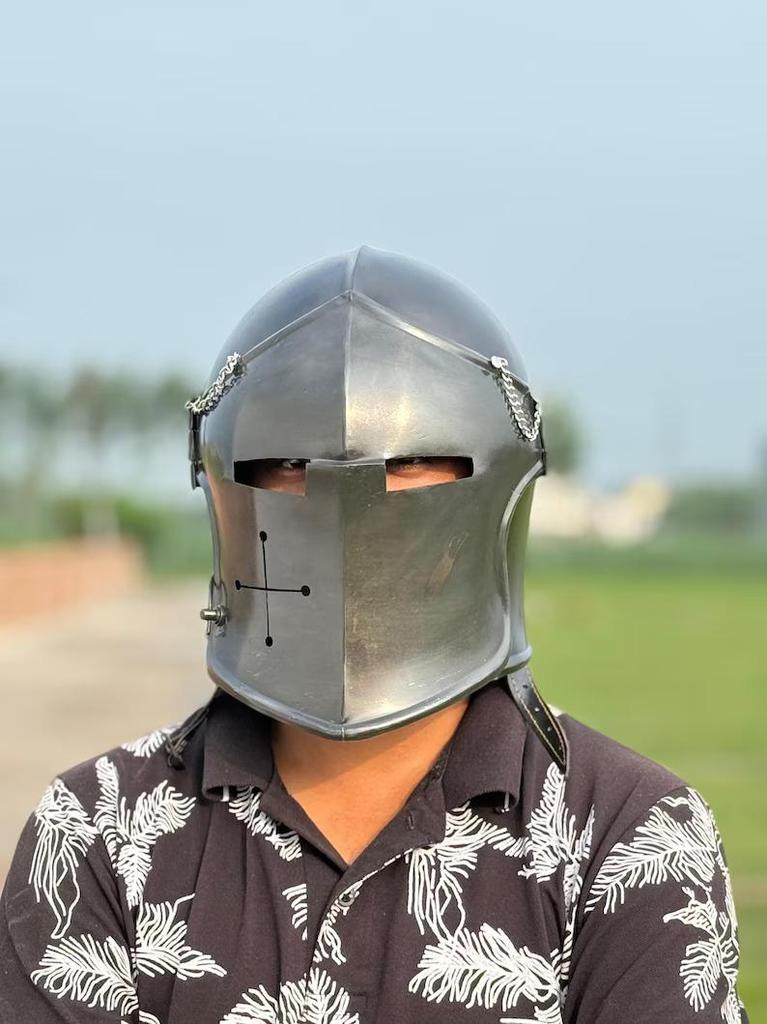 Black Steel Barbuta Helmet: Medieval Knight Armor, LARP Cosplay