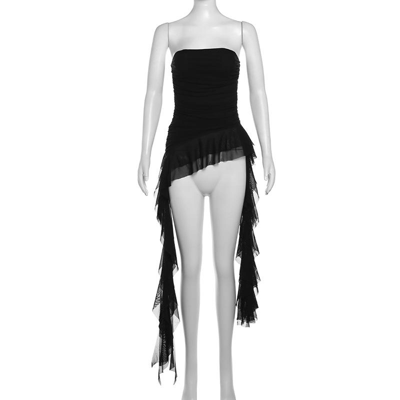 2024 European & American Style Women's One-Shoulder Slim Fit Sleeveless Pleated Top - Solid Color