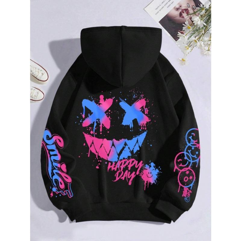 Nuova felpa con cappuccio da uomo autunnale, personalizzata con stampa di faccina sorridente, comoda, traspirante, per esterni, street style, felpa con cappuccio