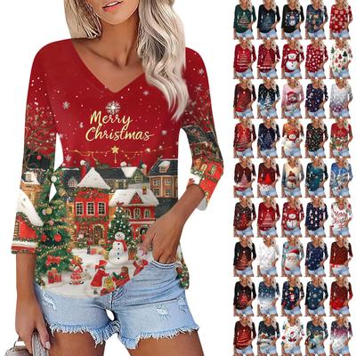 Shirt For Women's Fashion Casual V Neck 3/4 Sleeve Loose Christmas Printed T-Shirt Ladies Top