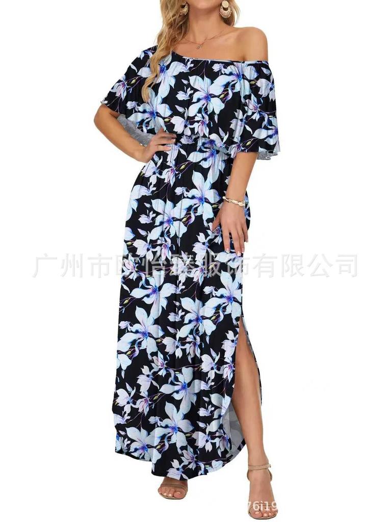 Summer new printed one-word shoulder short-sleeved long dress