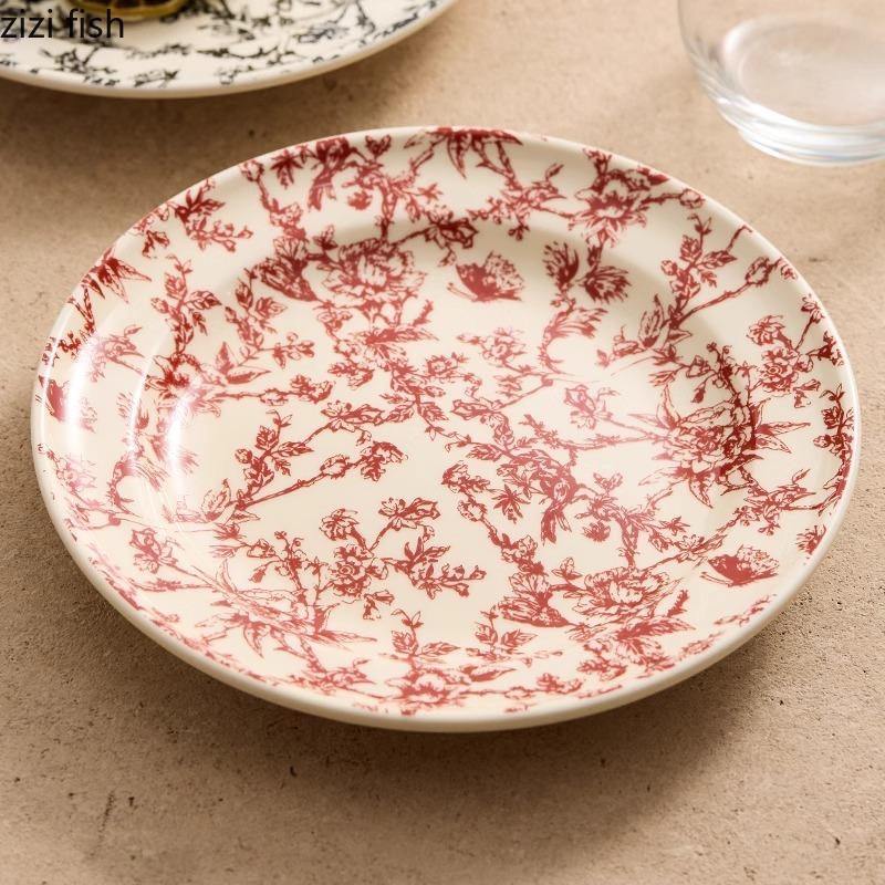 Vintage Blumenmuster Keramik Flacher Teller Runder Dessertteller Steakteller Salatteller Grillteller Hotel Kreatives Geschirr