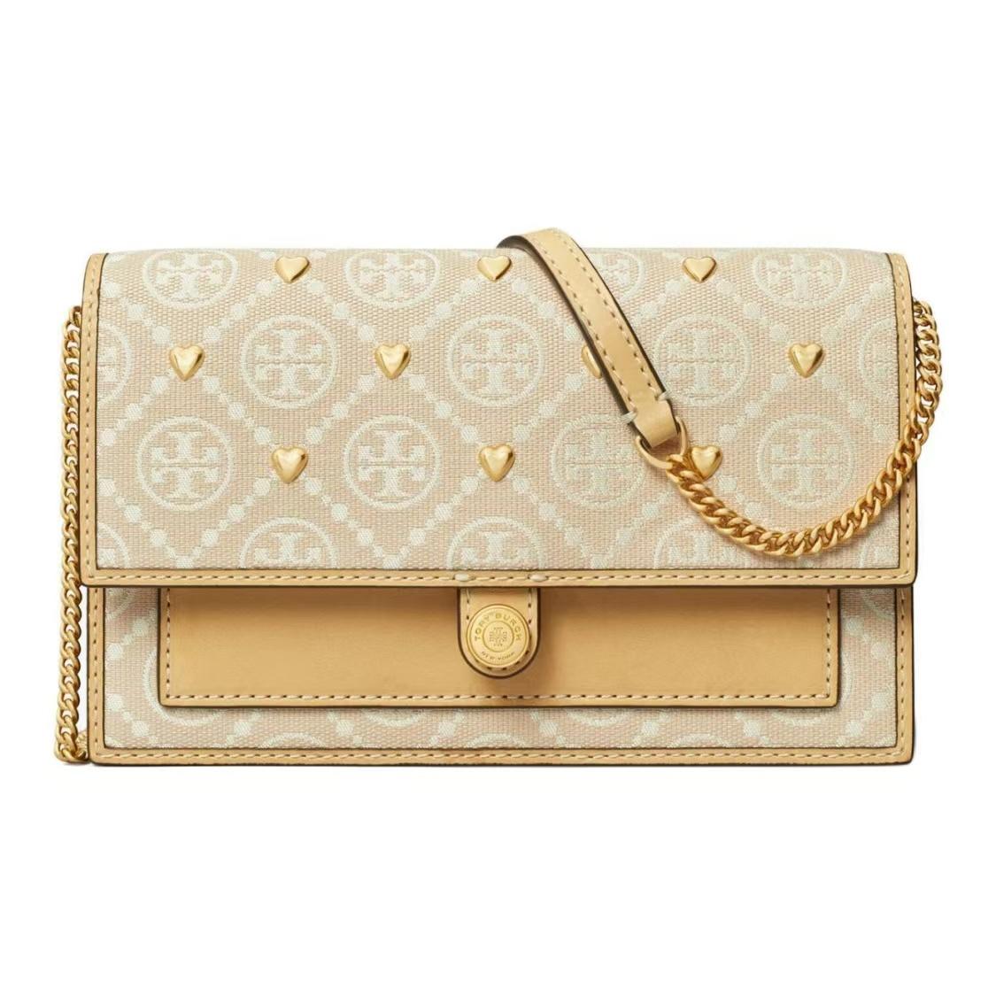 

Tory Burch T Monogram Metal Heart Studded Chain Faux Suede Trim Jacquard Fabric And Leather Shoulder Crossbody Bag Women Bags Ivory 161509-104 Basic Set (Bag+Dust Bag)