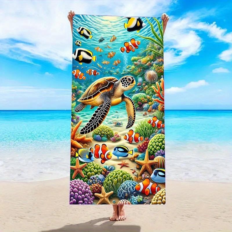Ultra-Soft Quick-Dry Beach Towel Oceanic Paradise Turtle Fish Print Super Absorbent Microfiber Vibrant Cartoon Marine Life W40*H60(CM)