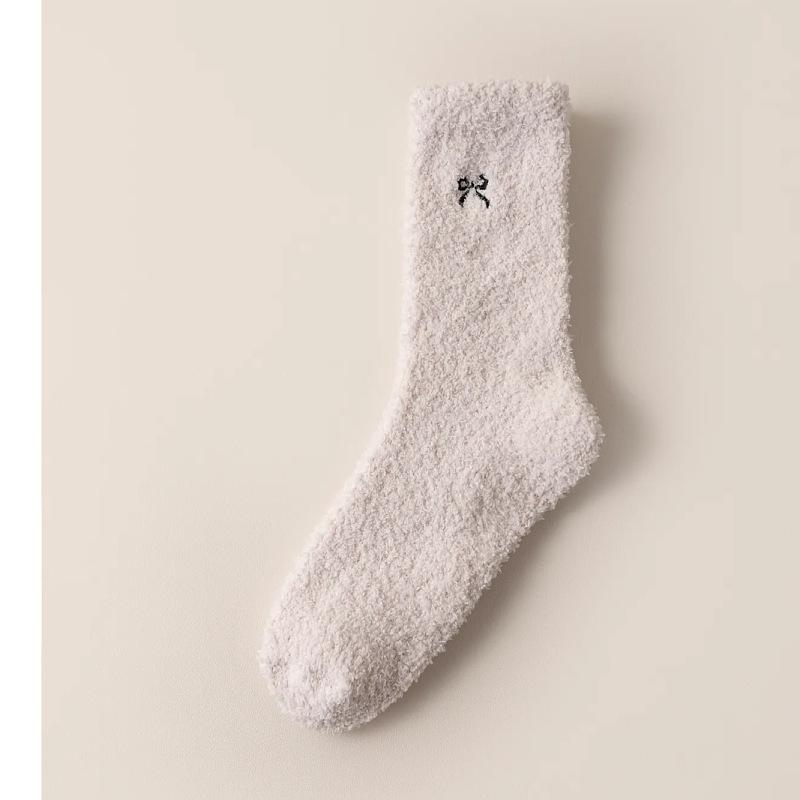Thickened Bow Coral Fleece Mid Tube Socks Women Plush Thick Warm Foot Autumn Winter Solid Color Simple Harajuku Home Sleep Sock