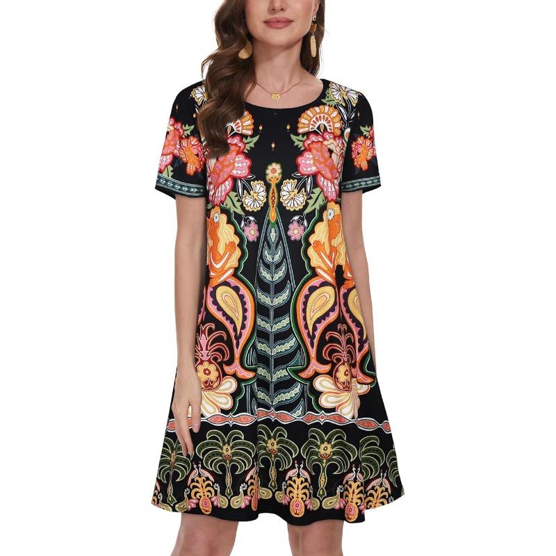

IHUASU Fashion Summer Spring Short Sleeve O-Neck Casual Dresses S