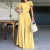 Damen Sommer Jumpsuit Ausgehöhlt Hohe Taille Kurze Ärmel Weites Bein Taschen Volle Länge