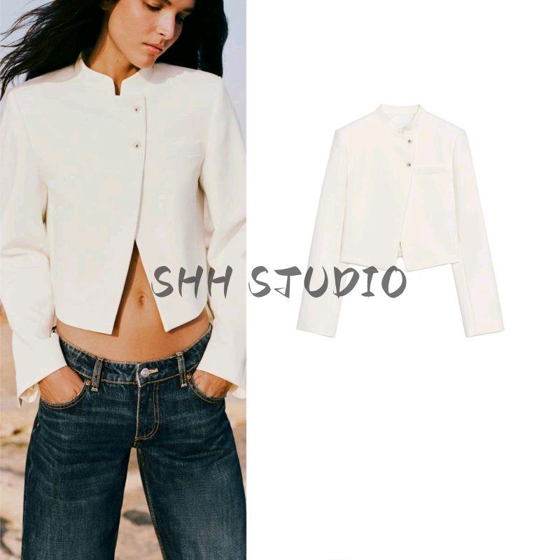 Fall New Women's Clothing French Simplicity with Padded Shoulder Short Zhongshan Collar Long Sleeve Suit Coat 5247841