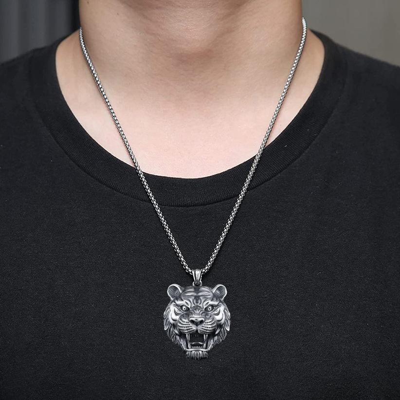 European and American Fashion Retro Domineering Tiger Head Necklace Men's Pendant Trendy Brand Hip-hop Simple