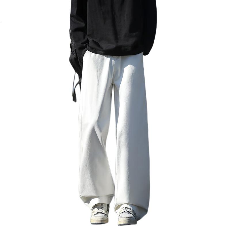Dingfengbaoluo Pure Cotton Casual Pants for Men, Spring Solid Color Loose Versatile Straight-Leg Cargo Wide-Leg Trousers SS10 White M