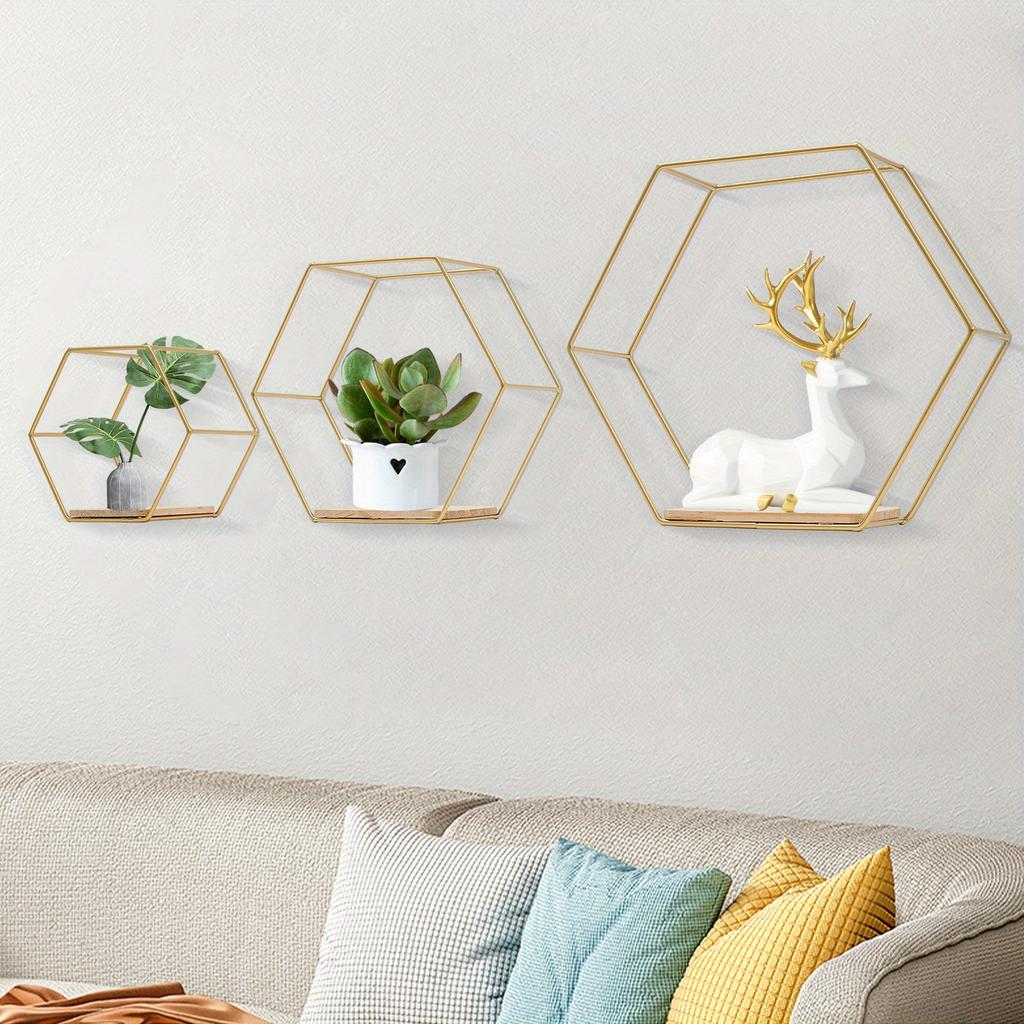 Hexagon Wall Shelf 3 Hanging Shelves, Loft Wall Shelf ShelvesIron & Wood Floating Shelves for Living Room, Bedroom, Kitchen