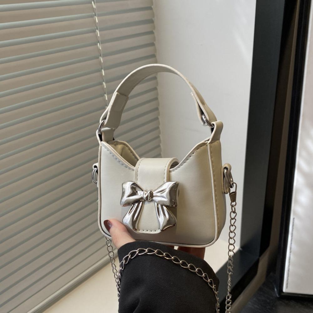 Handbag Silver Bucket Bag Pu Leather Women's Shoulder Bag Simple Bow Buckle PU Bag  Makeup Bag