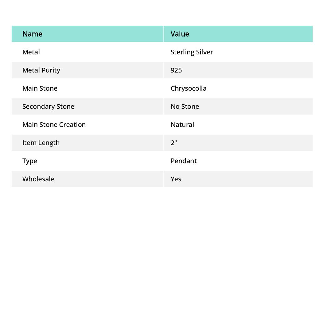 Natural Chrysocolla Gemstone 925 Sterling Silver Two Tone Pendant 2" i0Q02