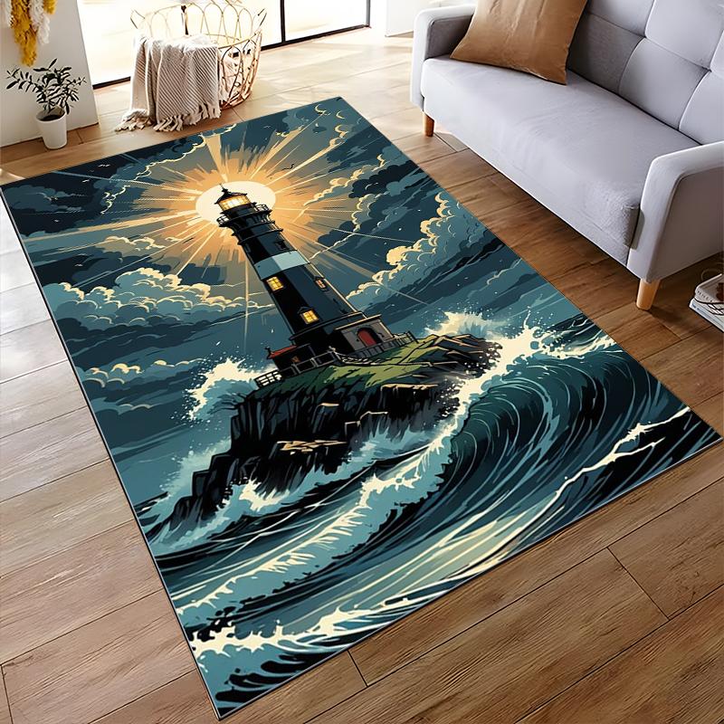 Lighthouse Illuminated Amid Stormy Waves Non-slip rug suitable for living room and bedroom sofas